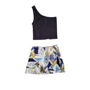 SAVVI Fit Womens S One Shoulder Ribbed Knit Crop Top & Tulip Skort 2 Pc Lot Gym